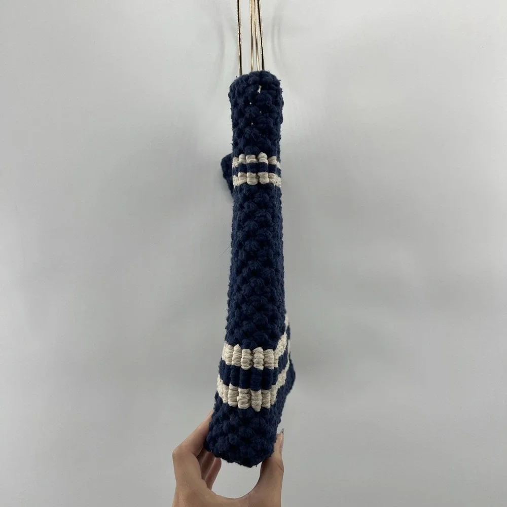 Vintage Handmade 70s Macrame Purse Bag Round Handles Nautical Boho Navy Gold